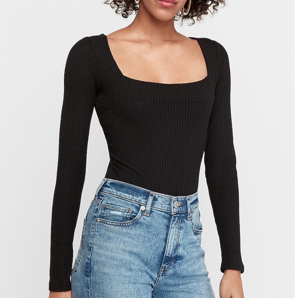 EXPRESS Black Ripped Long Sleeve Bodysuit